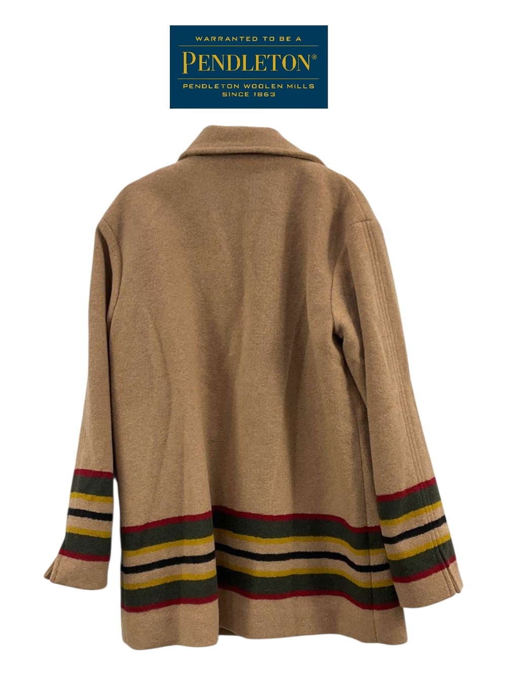 Pendleton Wool Topper Coat Camel Tan Striped Cuffs Hem Pockets Women Large NWOT - Picture 6 of 11